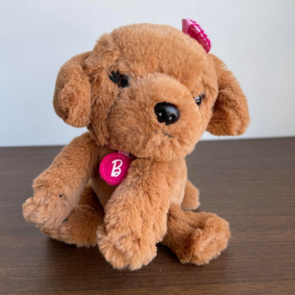 Barbie Mattel Great Puppy Adventure Cute Brown Dog Plush Stuffed animal Pink Bow